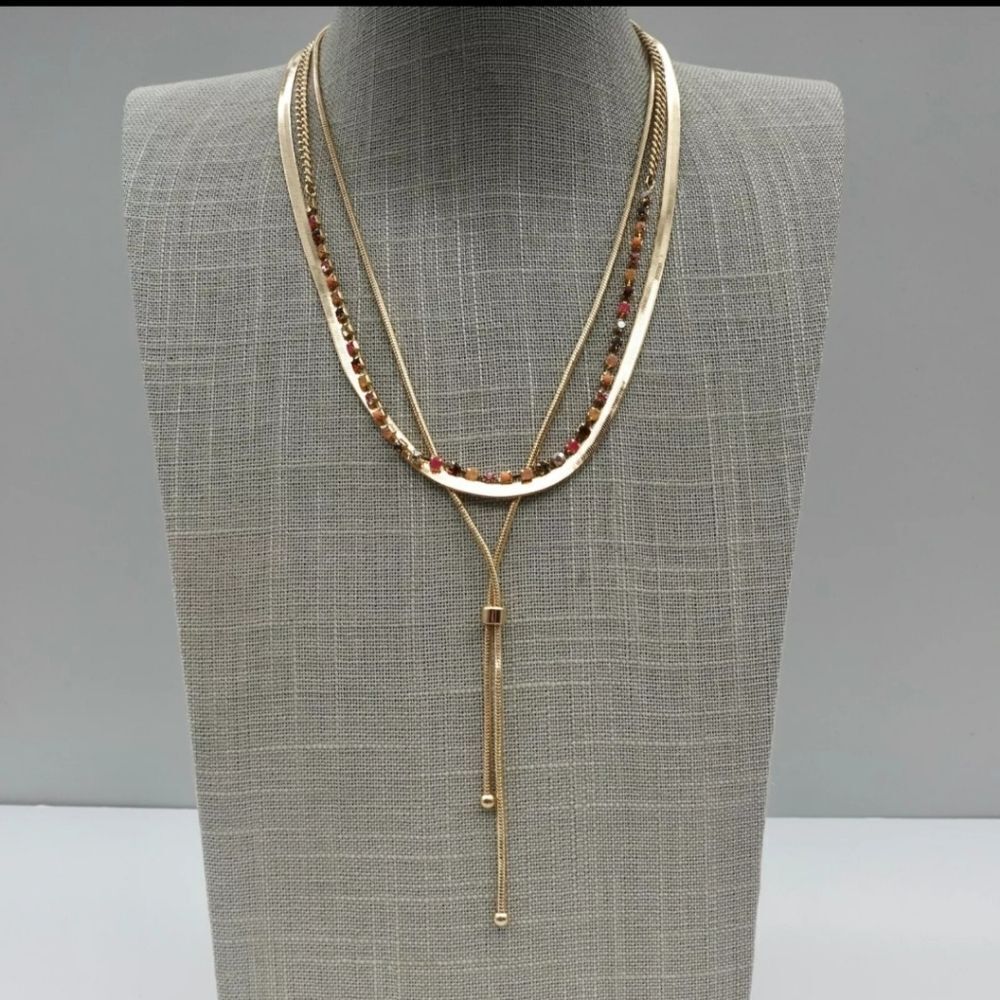 LOFT Necklace Multicolor Rhinestones Gold Tone Herringbone Layered Chains